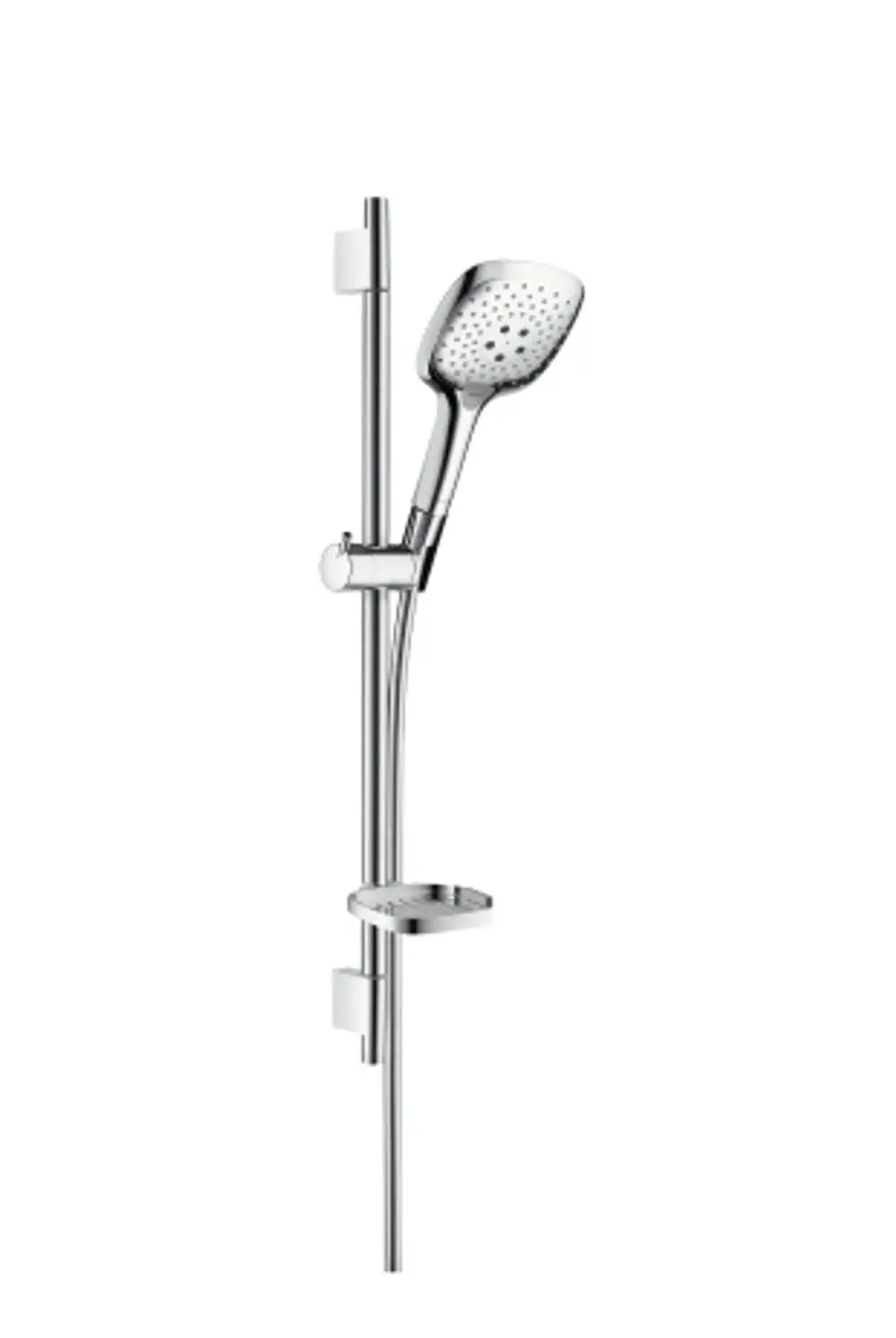 Chromfarbene Brause mit Halterung und Seifenschale, montiert an einer vertikalen Stange. Das Produkt ist von Hansgrohe und weist ein modernes Design auf.